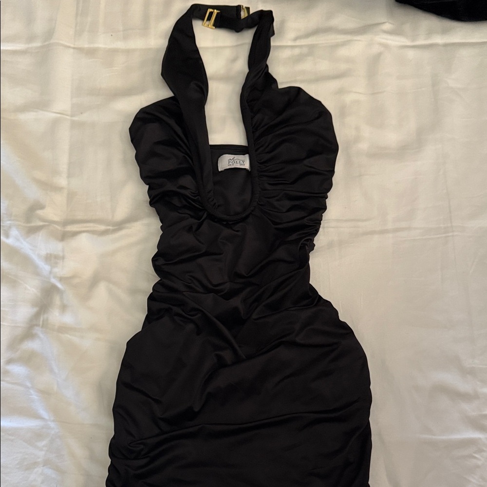 Oh Polly Black Ruched Halter Mini Dress